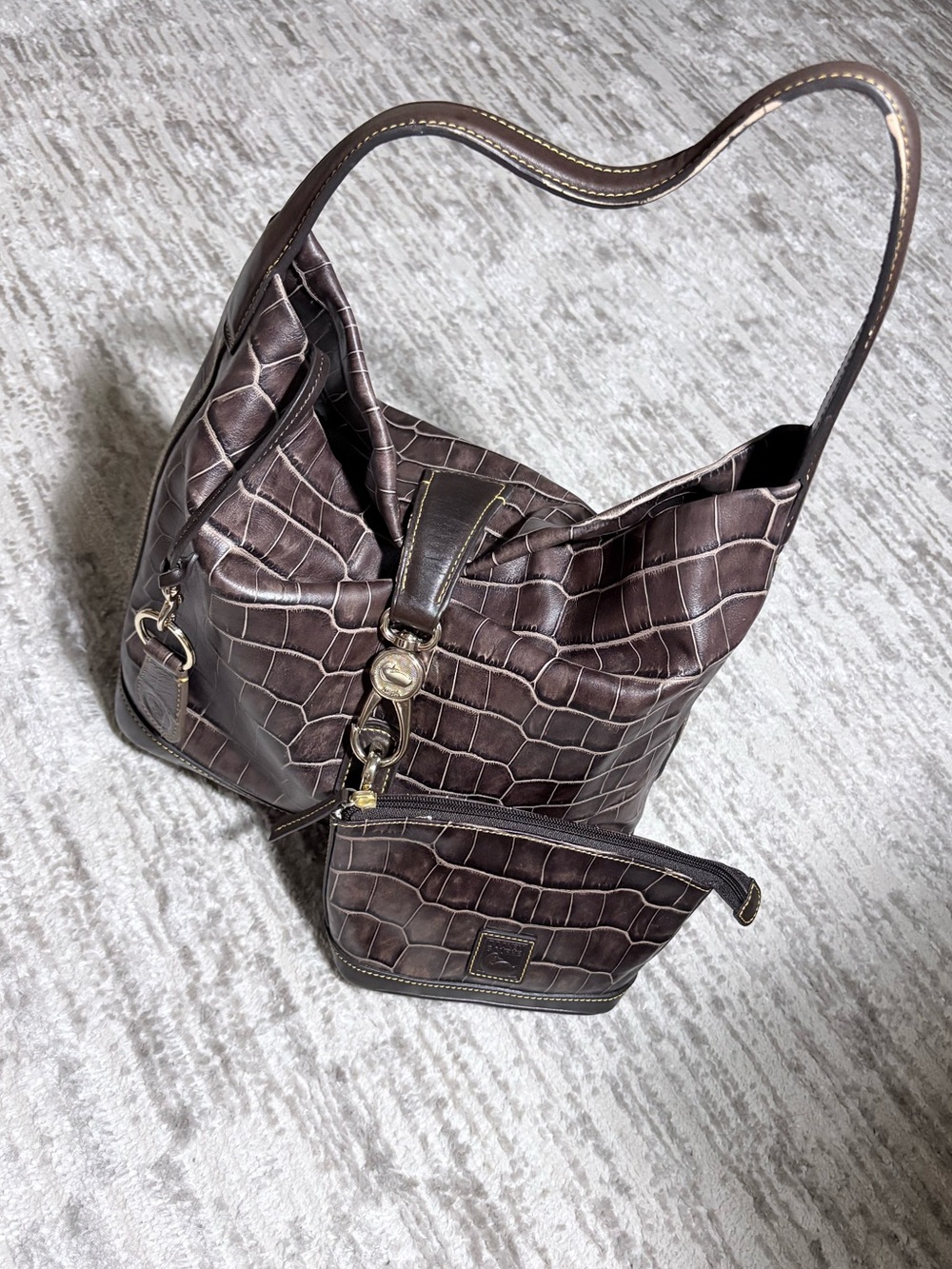 Dooney & Bourke Dark Brown Croc-Embossed Leather Shoulder Hobo with Pouch